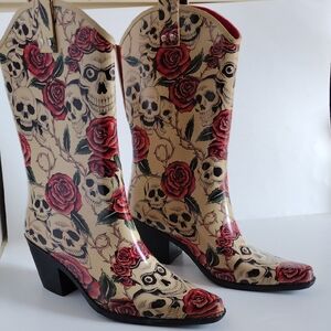 Sweet Beauty Skull and Rose Rubber Western Boots 9